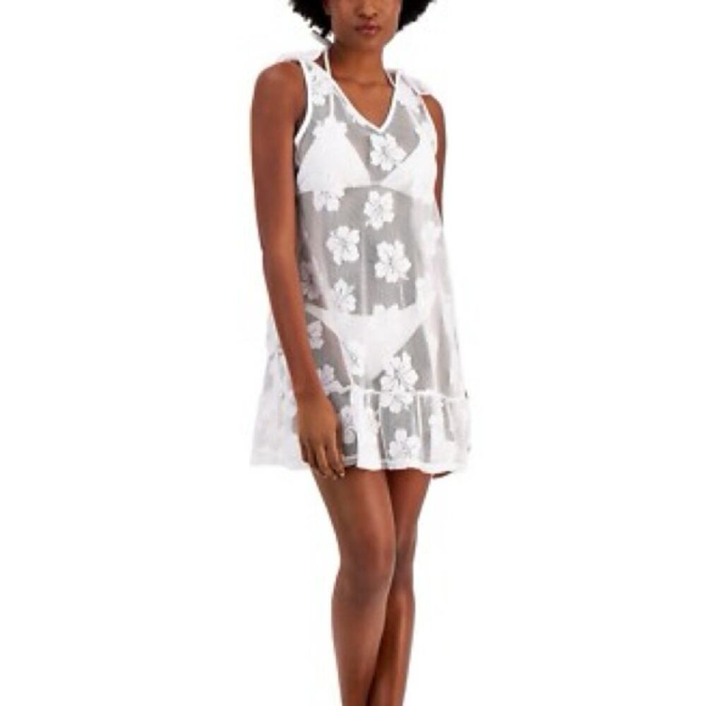 Miken Swim Mesh Floral Short Sleeveless Swim Cover Up Dress